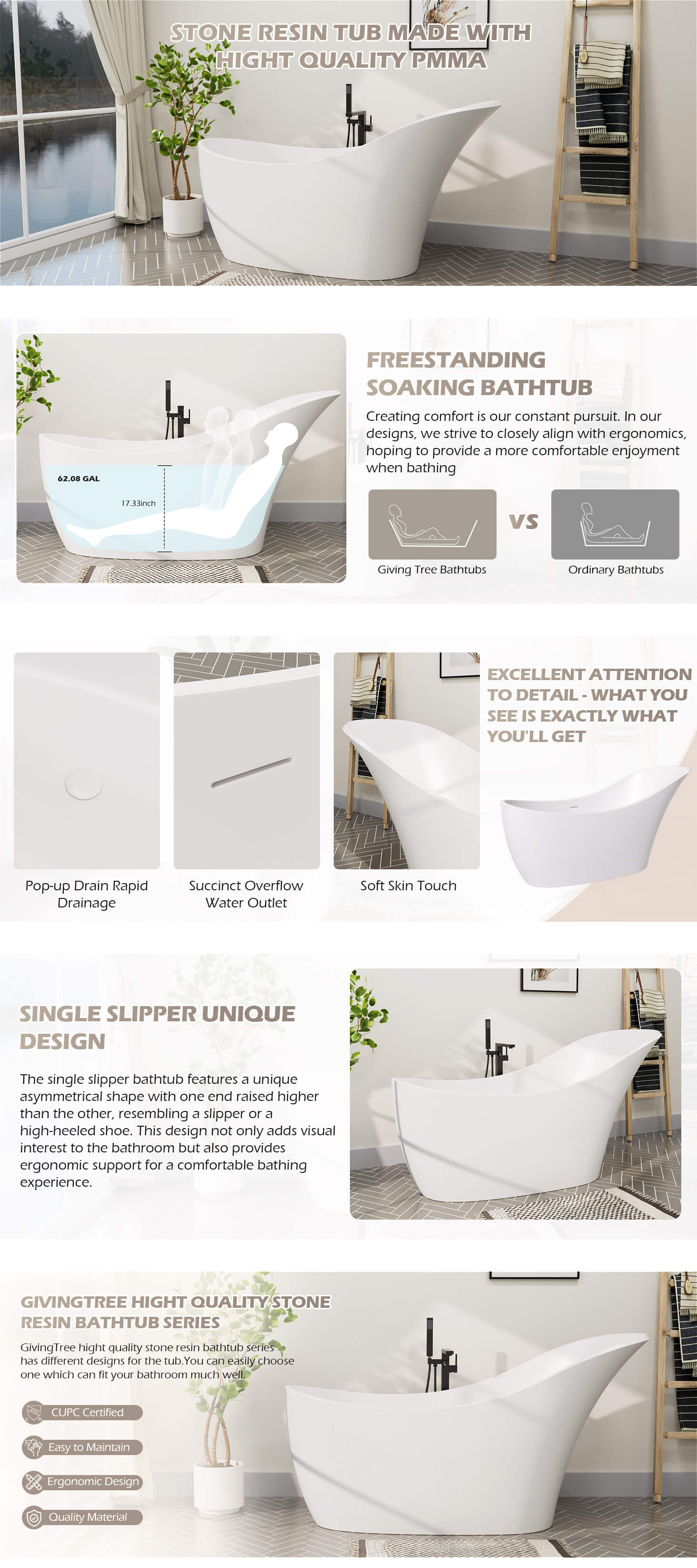 Product details of 66-inch single slipper bathtub with backrest