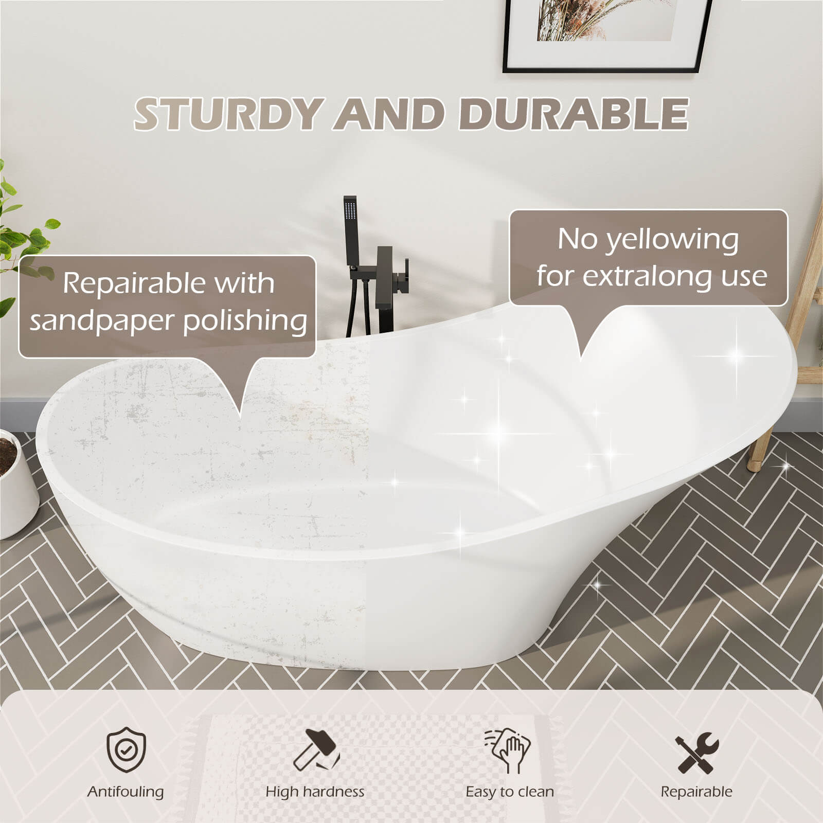 Solid-surface 66-inch single slipper bathtub with backrest makes cleaning easier
