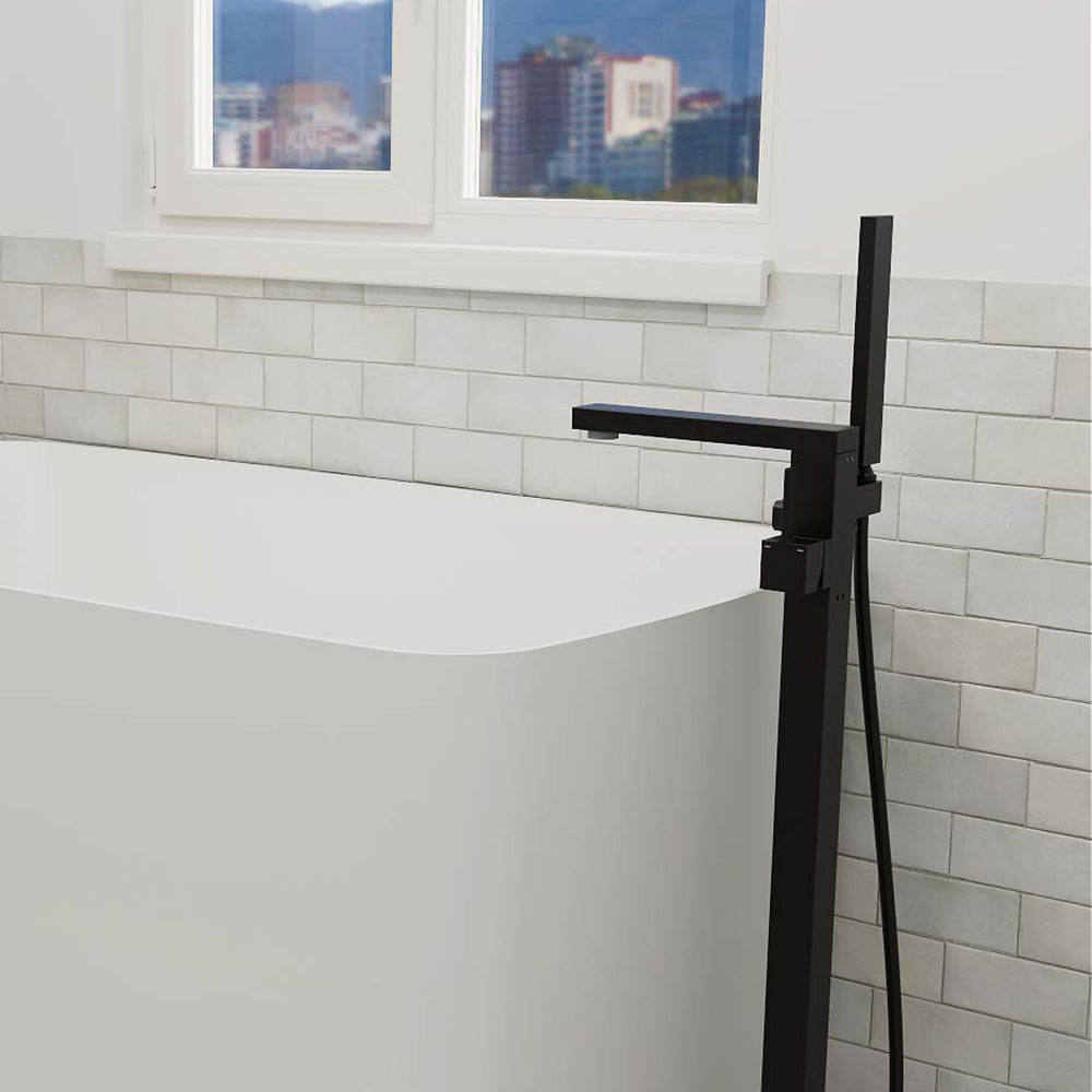 Matte Black Freestanding Bathtub Faucet Floor Mount Tub Filler Single Handle with Hand Shower