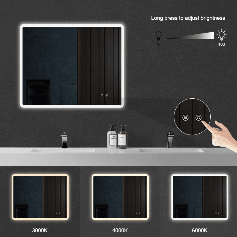 Anti-fog rounded rectangular bathroom mirror LED light switching display