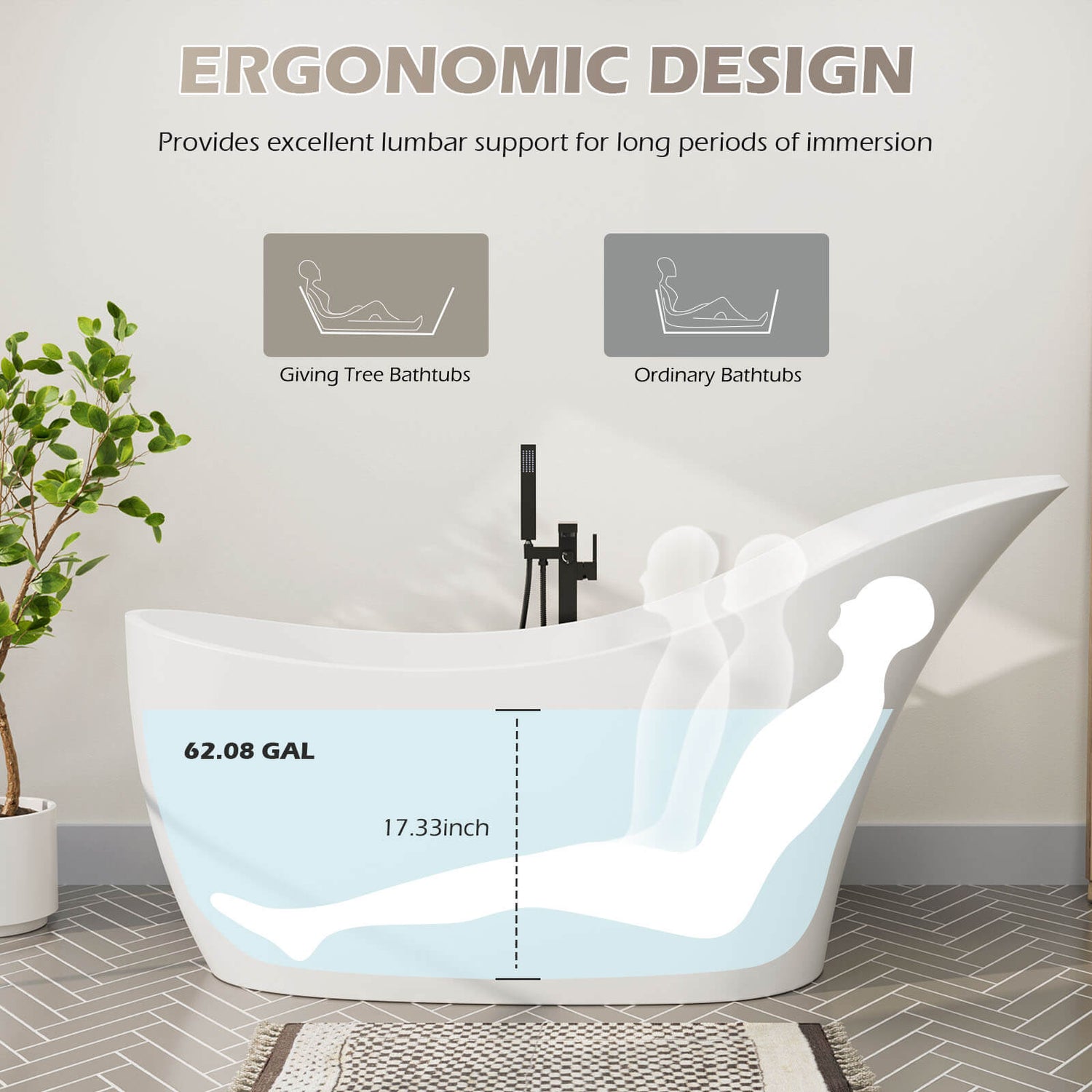 66-inch single slipper bathtub backrest usage diagram with backrest