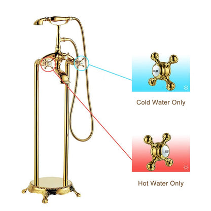 Floor Mount Freestanding Bathtub Faucet with Handheld Shower Gold Retro Style