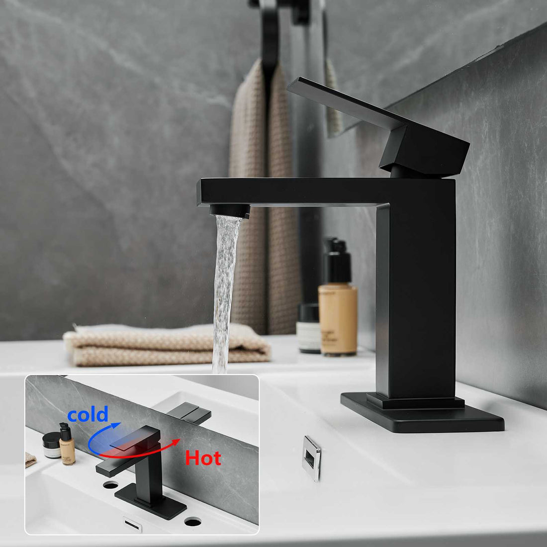 Black Deck Plate Pop Up Drain Single Handle Waterfall Bathroom Faucet