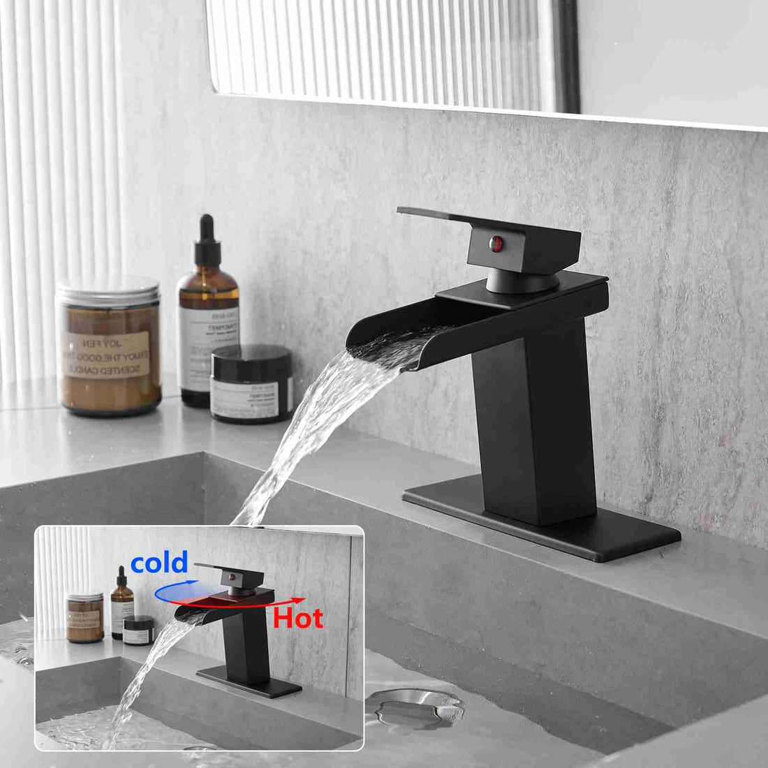 Matte Black Waterfall Bathroom Sink Faucet Suit for 1 or 3 Hole 2 Color opt