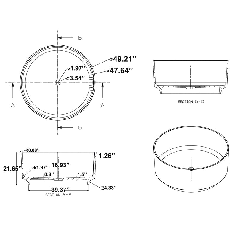 49&quot; Japanese Style Freestanding Round Soaking Tub Dimensions Sketchup
