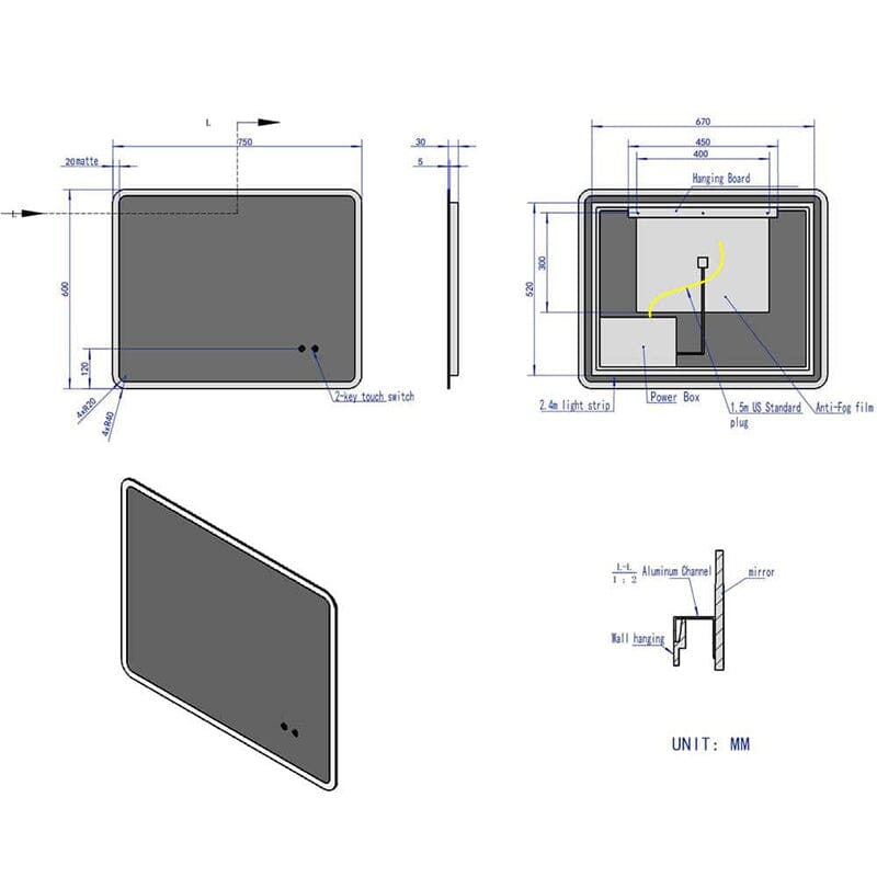 Anti-fog rounded rectangular bathroom mirror installation details