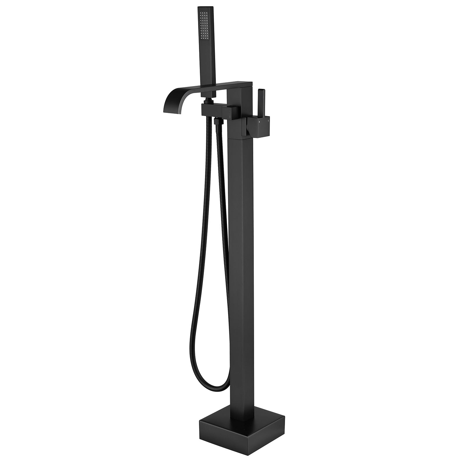 31&quot; Matte Black Floor Mount Roman Retro Quadrangle Tub Filler Faucet with Single Hand Shower