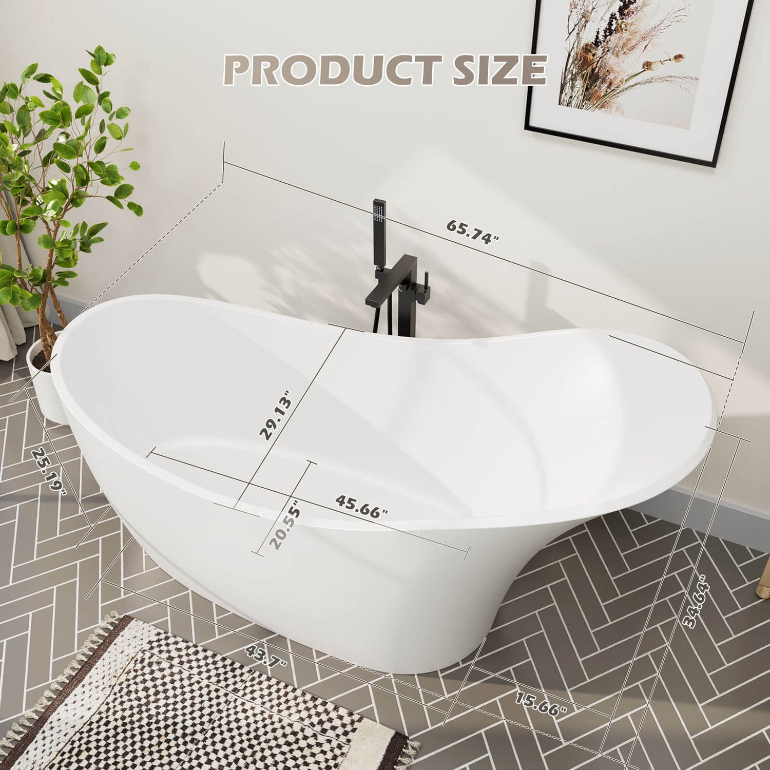 Size chart of single slipper bathtub with backrest