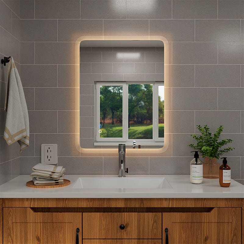 Anti-fog rounded rectangle bathroom mirror in orange light