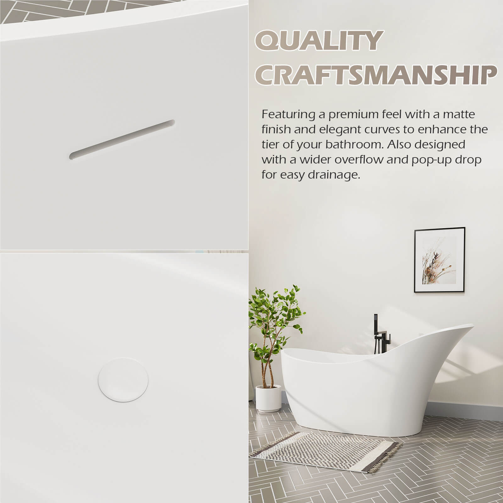 66&quot; single slipper bathtub with backrest Overflow and spout details